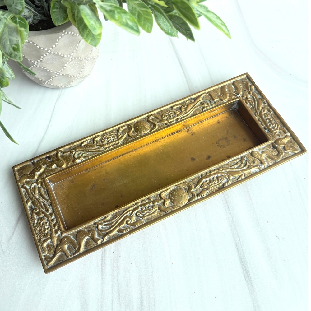 Vintage Solid Brass Chinese Dragon Relief Rectangular Desk Tray Pen Holder